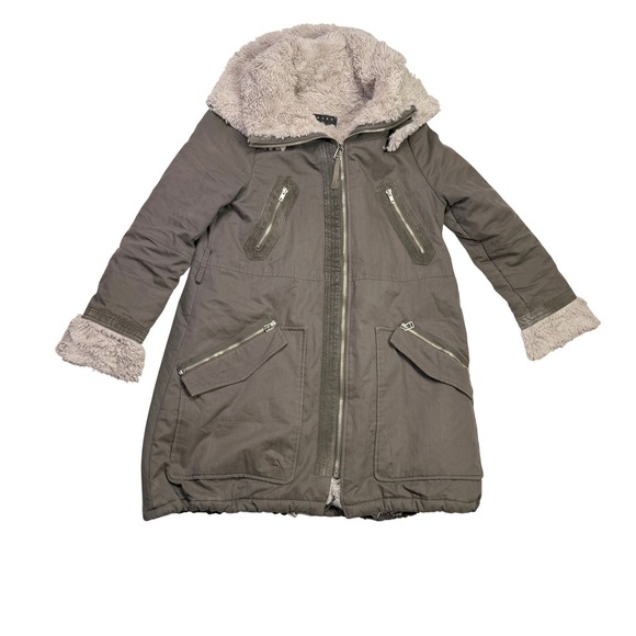 VTG Y2K Penny Lane SISLEY Khaki Green Faux Fur Lined Suede trim Parka US XS - Picture 2 of 13